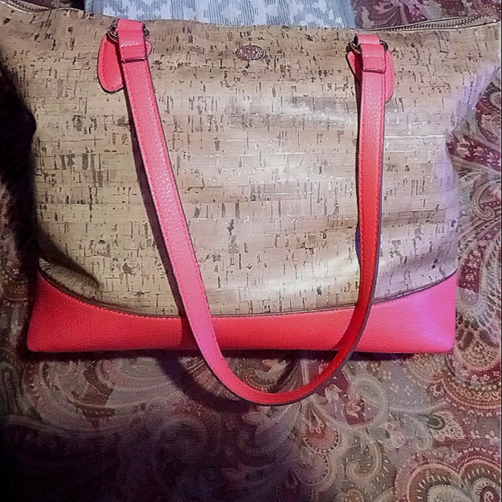 Anne Klein Hot Coral Paige Tote with Gold - Tone Logo on front of Bag and Gold -